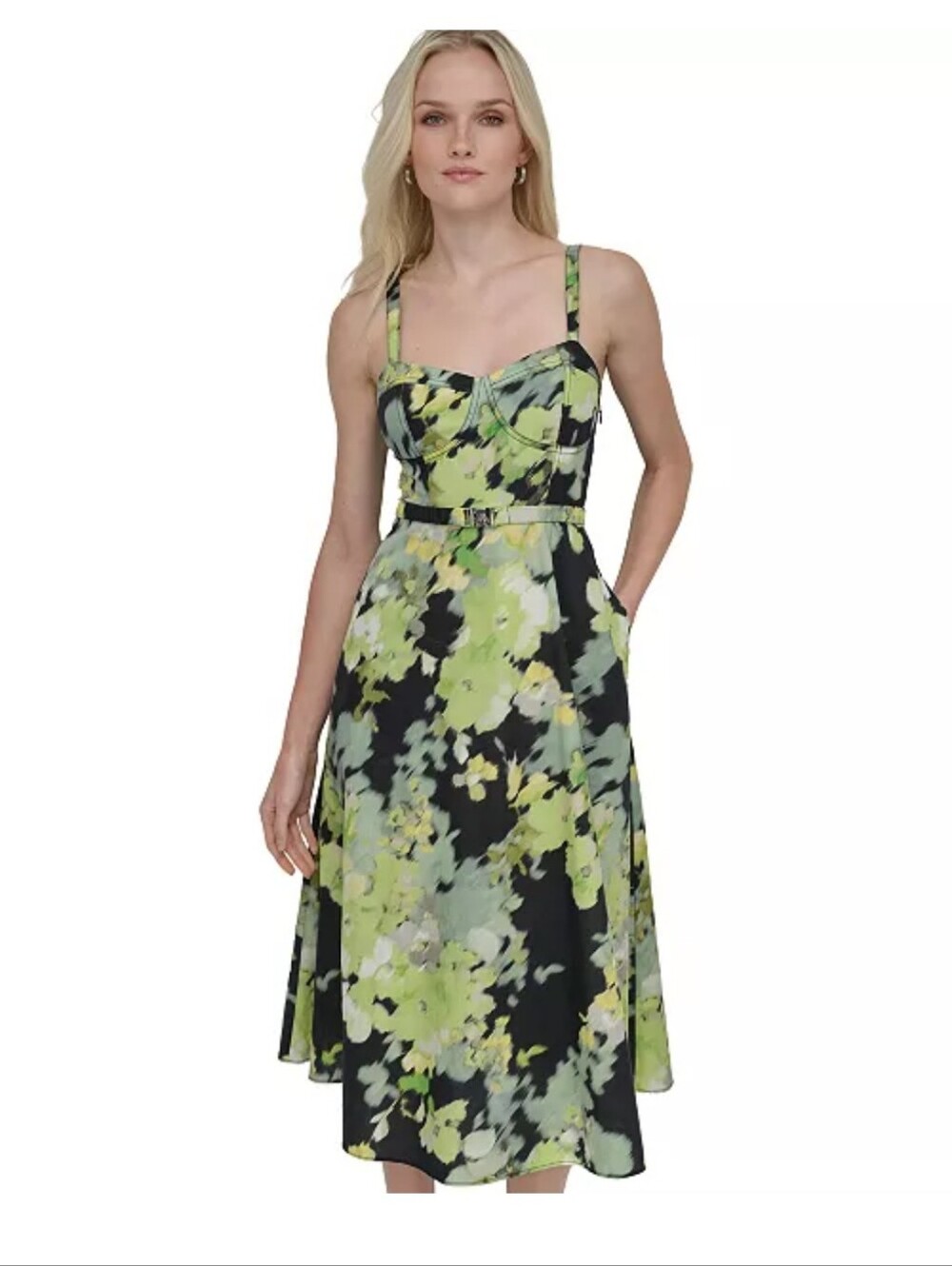 DKNY Floral Cutout Midi Dress Size 8 Green Black Bustier Corset NWT $130 Party